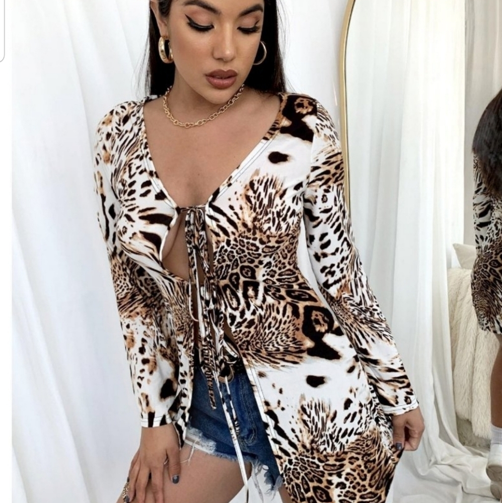 Tie Front Leopard Print Blouse